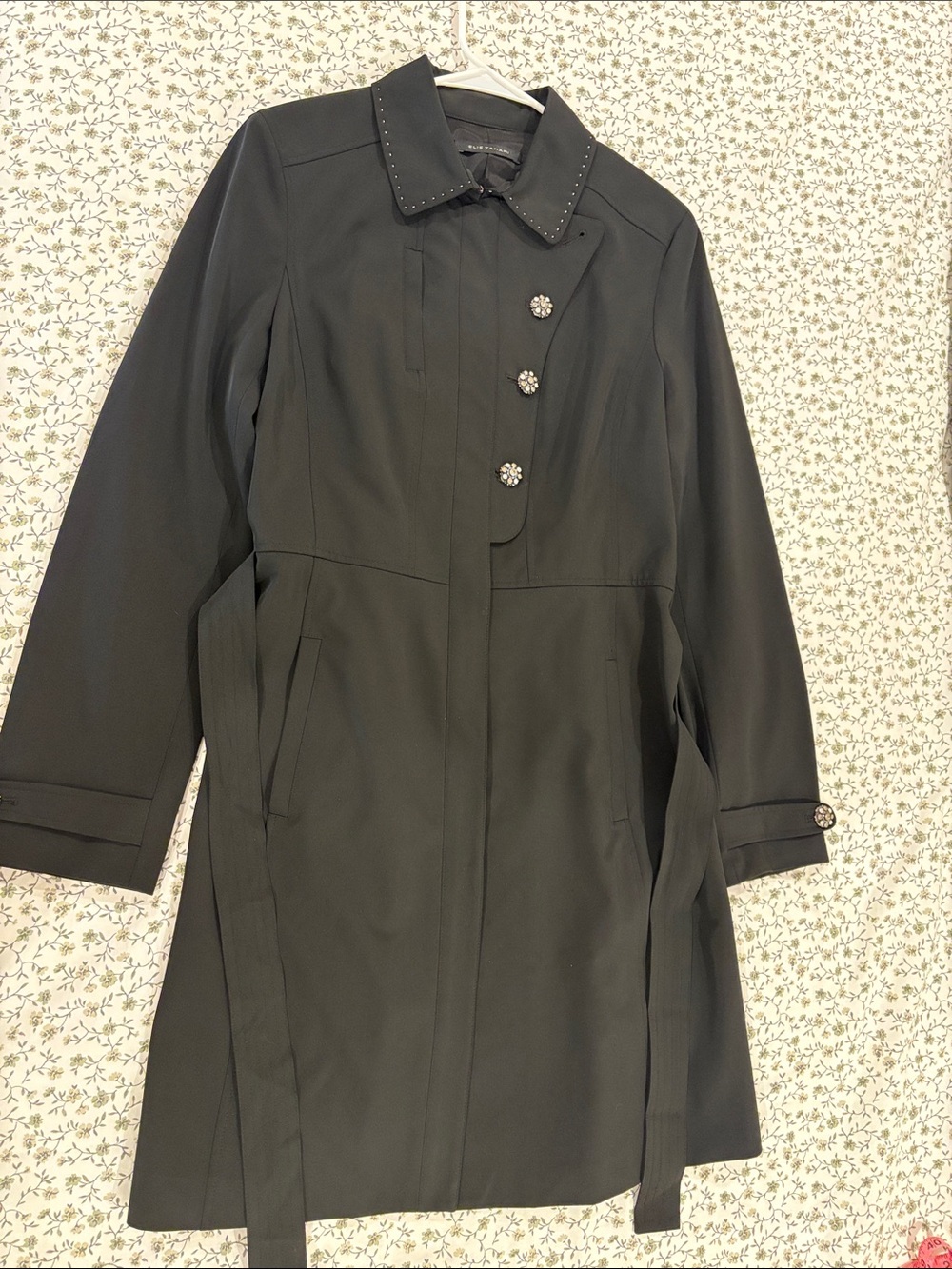 Elie Tahari Black Trench Coat with Decorative Buttons